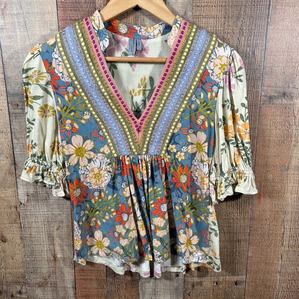 Blank London Floral Embroidered V-Neck Peplum Blouse Small Boho Mixed Print Top